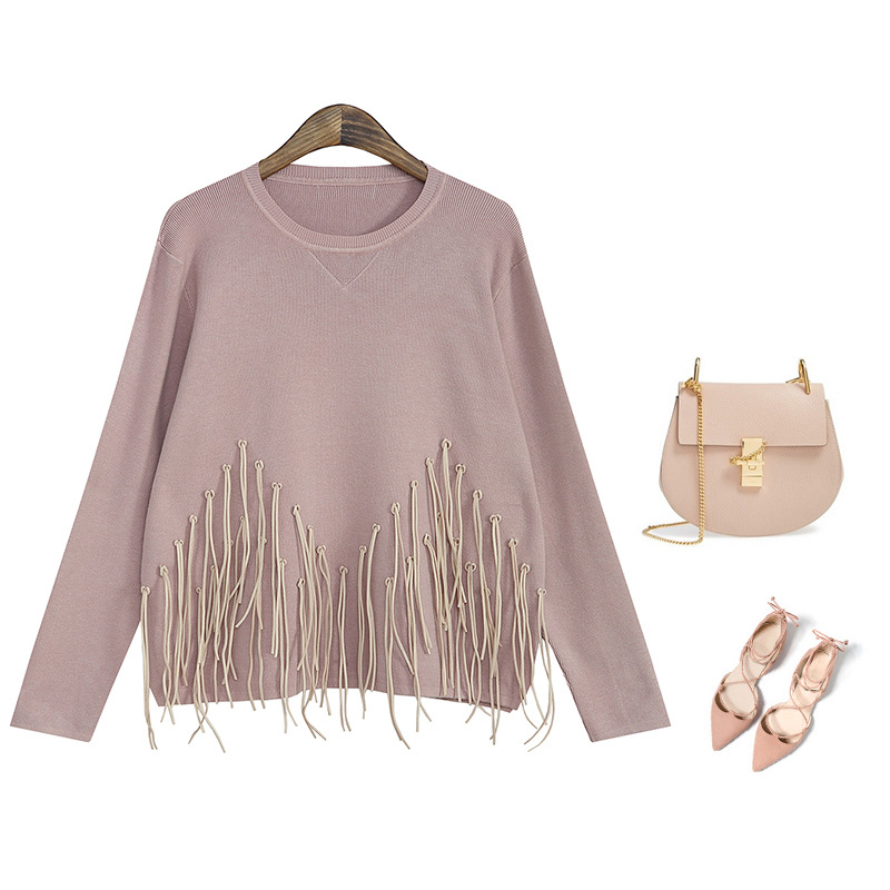 2017 latest autumn plain pink crew neck pullover loose tassels women sweater