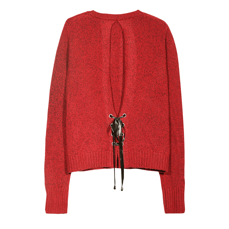 Fashion back lacing design ladies long sleeve red mohair sweater