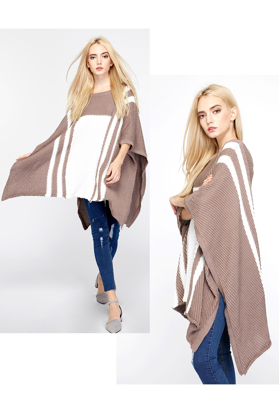 Fashionable knitting women wear high quality crew neck outfit design oem betwing poncho