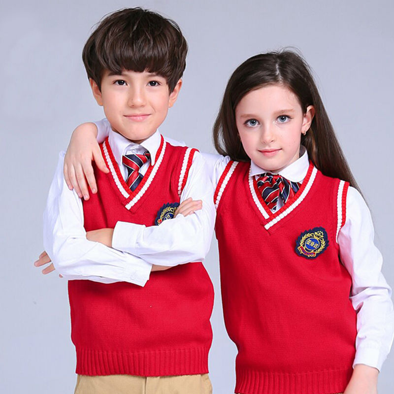 Red sleeveless unisex sweater vest school uniforms design with picture primary