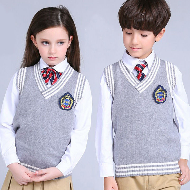 Unisex knitted grey vests sweater design primary school uniform