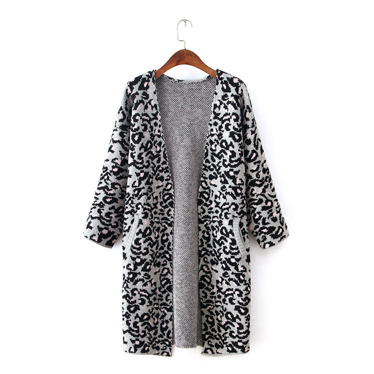 Stylish leopard design long loose brown cardigans woman