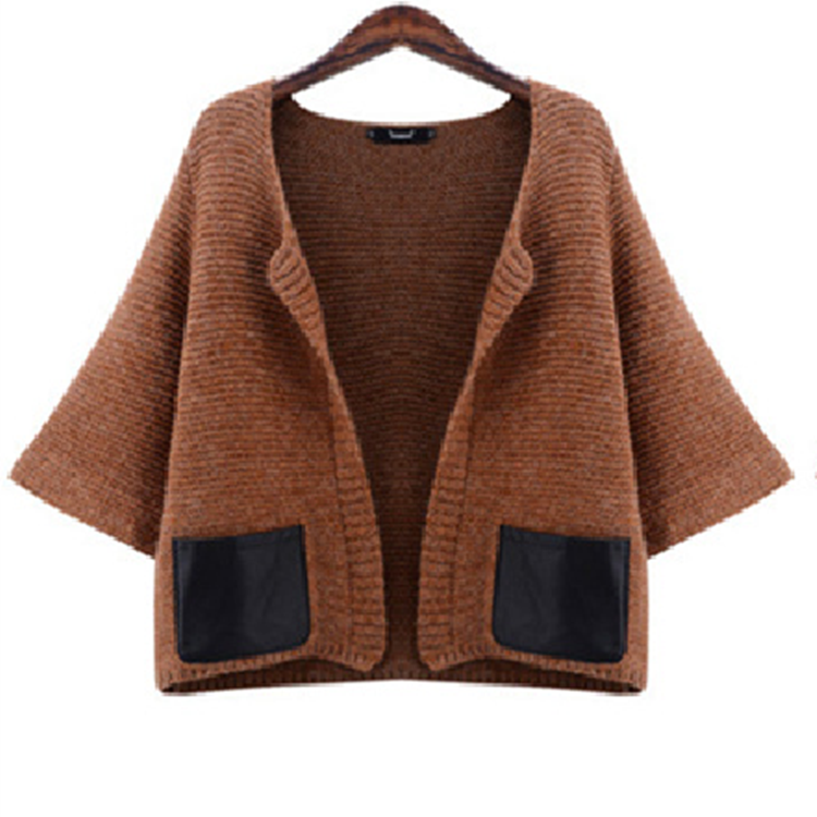 Custom Women Half Sleeve Wool Leather Pocket Sweater Cardigan