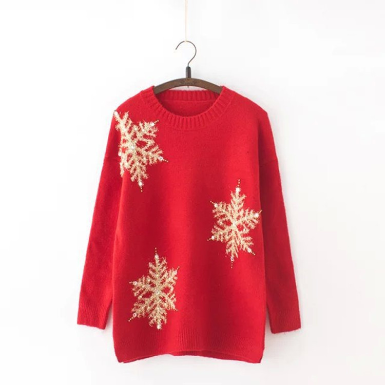 Fashion design red snowflake patterns ladies Christmas sweater