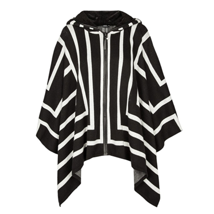 Black stripe womens knitted wool hooded cardigan zipper coat