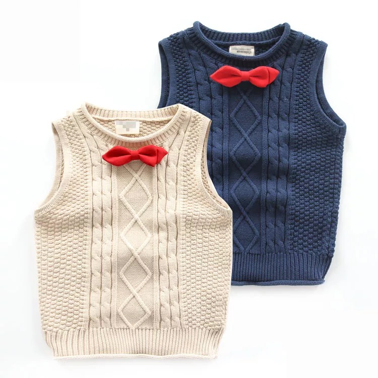 Custom cable knit sweater light brown&navy color kids sleeveless vest sweater wholesale