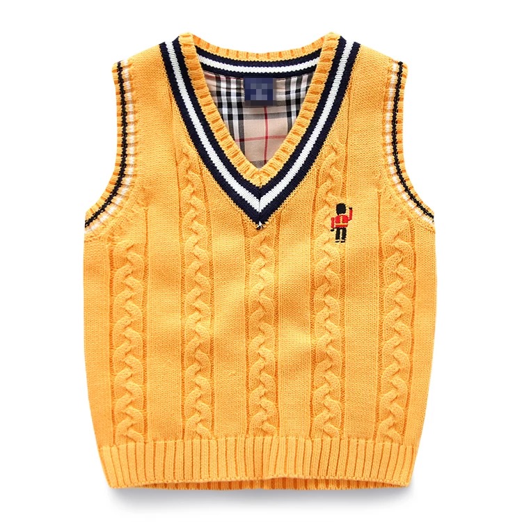 High quality kids knitwear customized sleeveless vest embroidered cute logo cable sweater design for kids casual style yellow sweater boys
