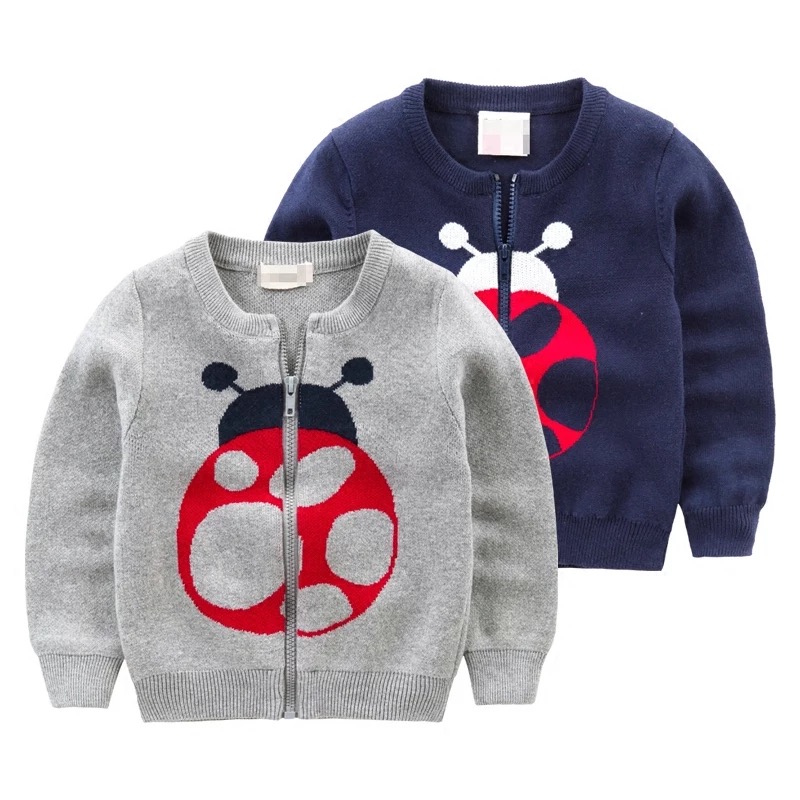 New collection for boys knitwear grey and navy blue winter sweater coat with zipper long sleeve insect pattern jacquard sweater wholesale   