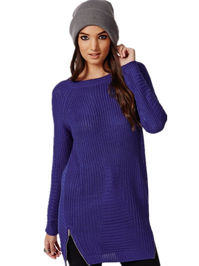 Fashionable new design fleece blended knitting briony zip detail knitted tunic blue color women casual dress 