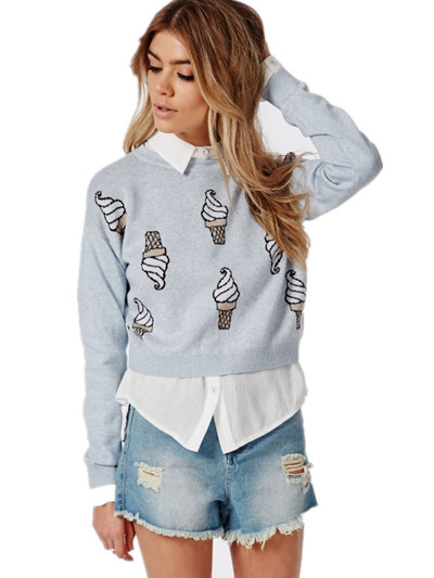 Fashionable and cute ice cream sweater long sleeve warm woolen blue ladies pullover 