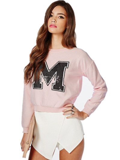 Unique ladies sweater design greatest fashion sequin slogan M cropped knitted sweater cute pink color knitting lady sweater