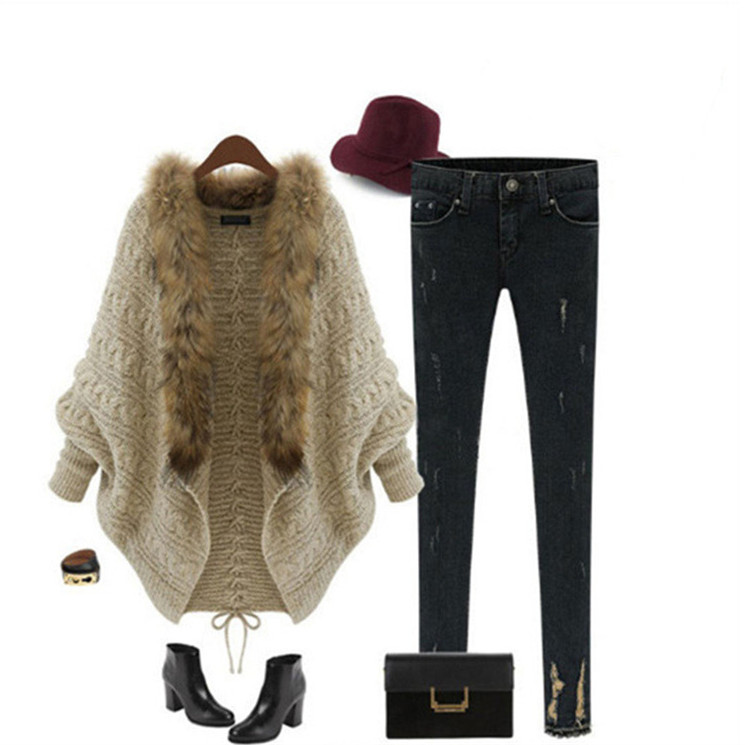 Korean sweater with fur collar design winter women cardigan