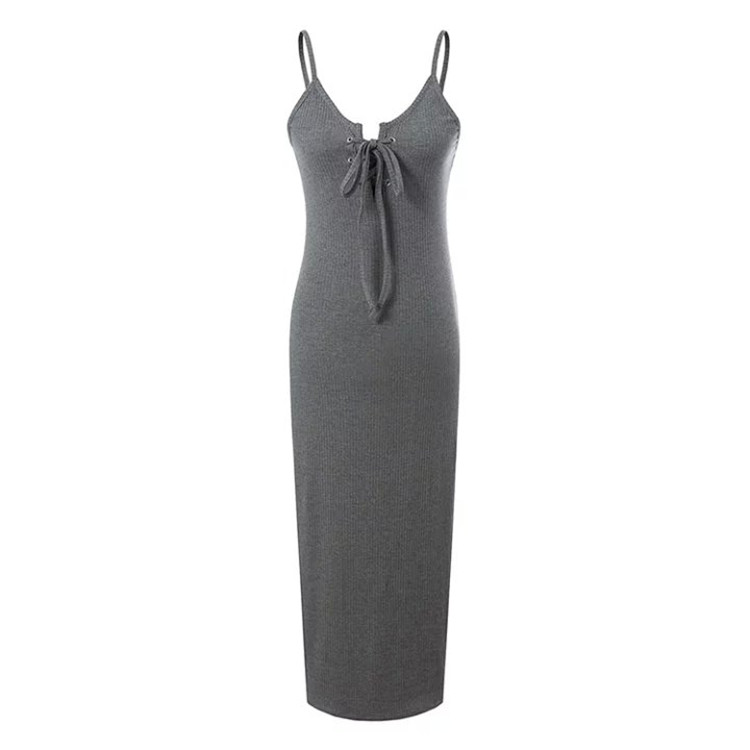 Sexy deep V neck design grey sleeveless ladies long dress