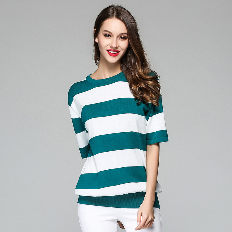 Hot sell women spring and summer half sleeve strip knitwear