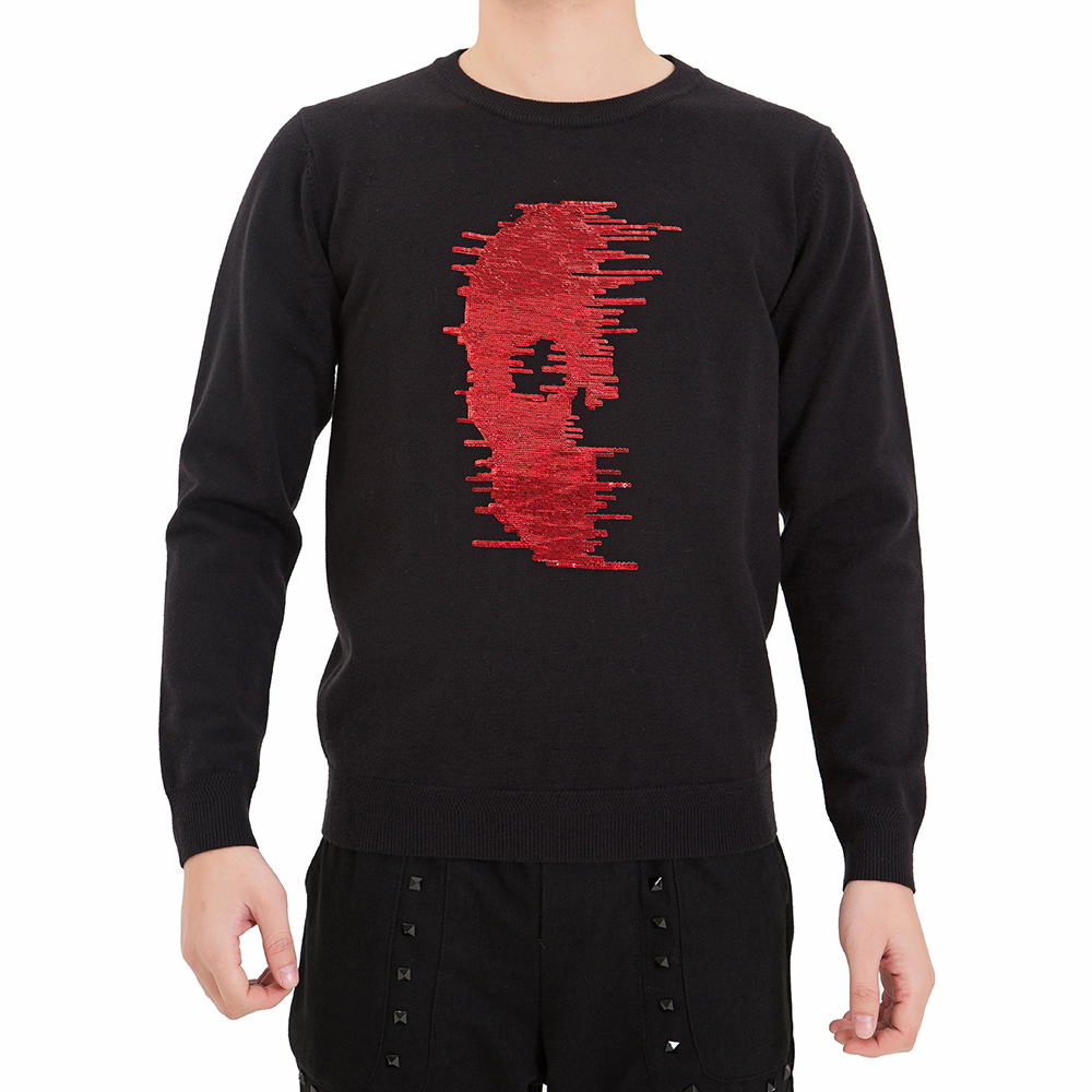 OEM cool street stylish sequin skull pattern crew neck fall winter flat knitting mens sweater