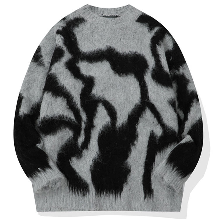 Custom Oem ODM Men Mohair Knitted Geometric Jacquard Pullover Mohair Sweaters Knitwear Crew Neck Fuzzy Sweater