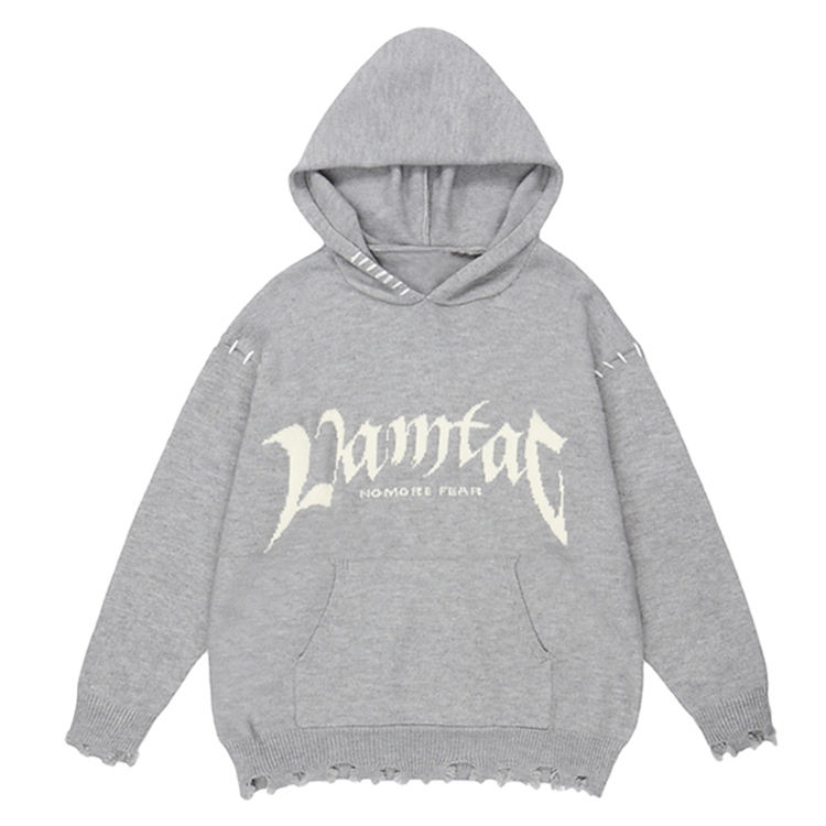 Customize Design Sweater Hoodies Knitwear Men Autumn Loose Letter Jacquard Thickened Knitted Hoodie Sweater Men With Pocket