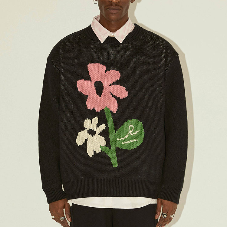Oem Custom Make Male Sweater Black Color O Neck Flower Logo Jacquard Pullover 7gg Thick Winter Knitwear Men's Knitted Sweater