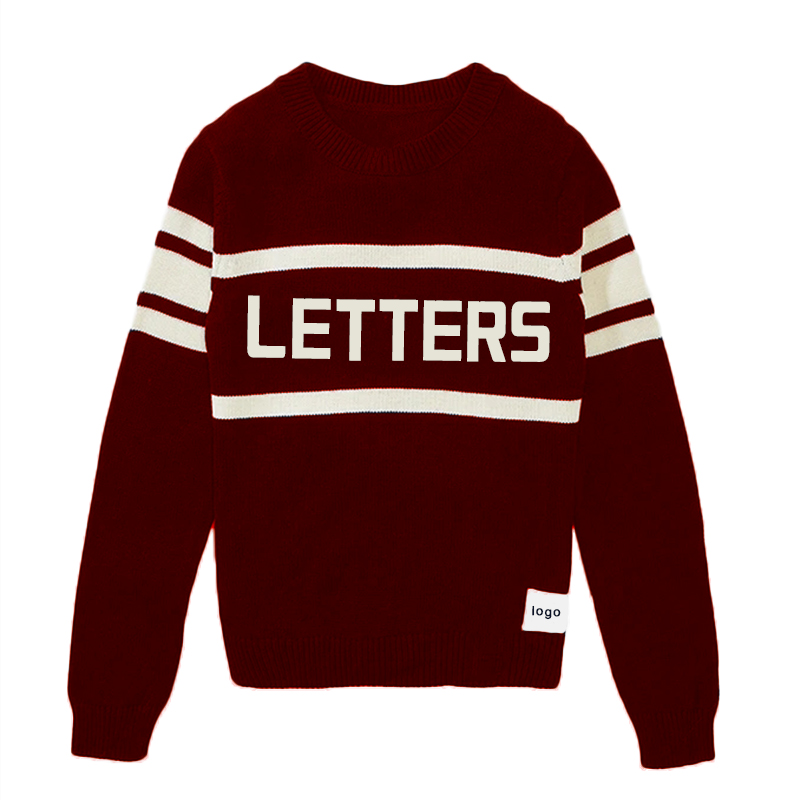 Oem Custom Men Cotton Crew Neck Knitted Sweater Long Sleeve Letter Pattern Vintage Stripes Pullover Letterman Sweater