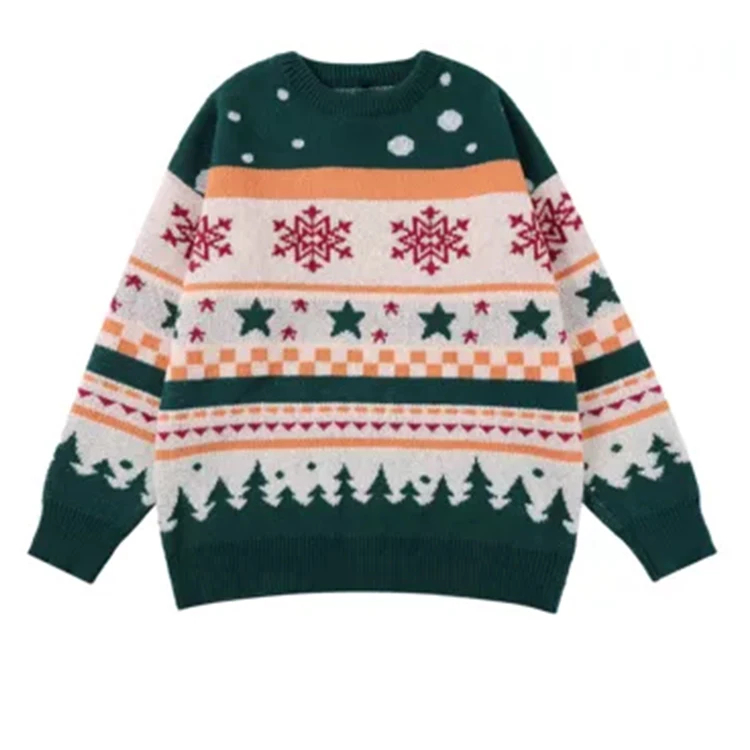Custom New Arrivals Christmas Knitwear Cartoon Pullover Top Casual Oversized Cotton Unisex Jacquard Design Sweater