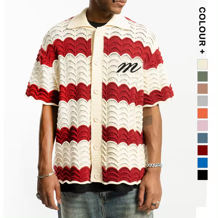 Summer Knitted Polo Shirt 100% Cotton Striped Button Hollow Cardigan with Turn-Down Collar