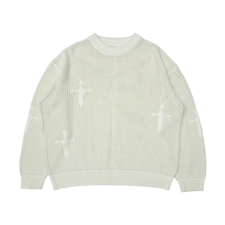 Custom OEM ODM Jacquard Pattern Pullover Knit Jumper Knitwear Winter Men's Crew Neck Mesh Crocheted Hollow Knitted Sweater