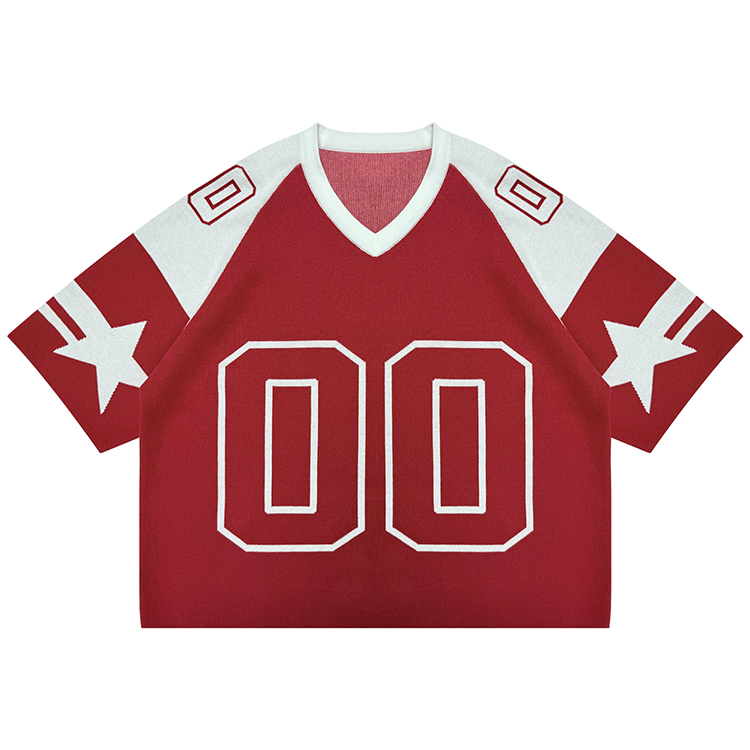 Custom Oem Odm Men'S Sweater Short Sleeve Knit Sweater Wholesale Pullover Jacquard V Neck Top Knit Football Jersey Sweater