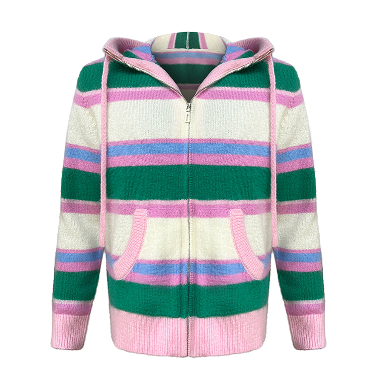 Custom LOGO Mohair Hoodies Men Sweater Long Sleeve Knitwear Fuzzy Knitted Striped Mohair Jacket Hooded Cardigan Knit Sweater