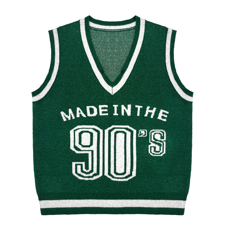 Custom Logo OEM Jacquard Letters Knitted Pullover Sweater Vest School Uniform Knitwear Sleeveless V Neck Men Knit Sweater Vest