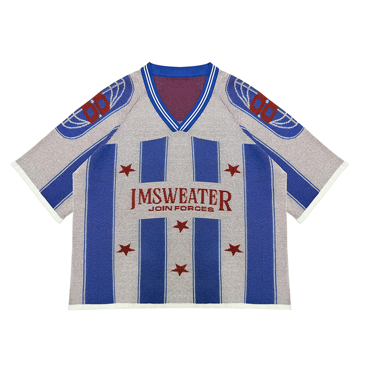 Custom Logo Jacquard Embroidery Soccer Knit Jersey Sweater V Neck Short Sleeve Knitted Top Knitwear Crop Knit Football Jersey