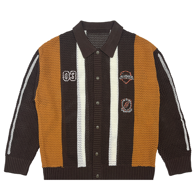 Custom OEM & ODM Polo Long Sleeve Button-Down Men Sweater Hollow Sleeve Cardigan Knit Top Spring Knitted Sweater for Men