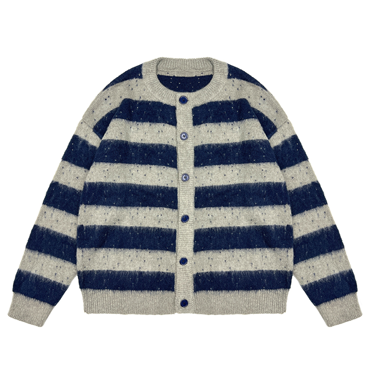 Custom Logo Cardigan Men Brushed Mohair Fuzzy Oversized Jacquard Crew Neck Knit Sweater Drop Shoulder Knitwear Men's Sweater