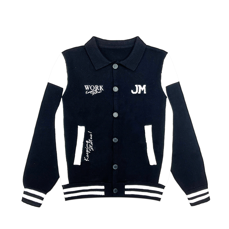 Custom OEM ODM Men Polo Neck Buttons Pockets Long Sleeves Cardigan Knitwear Cotton Jacquard Letter Pattern Knit Sweater Cardigan