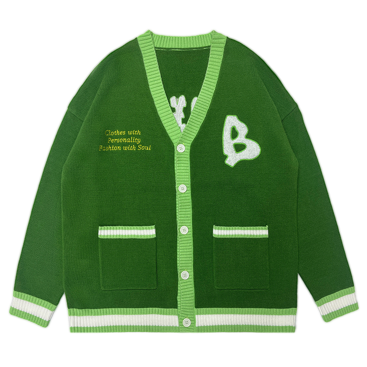 Custom Men V Neck Buttons Pockets Long Sleeves Cardigan Knitwear Cotton Blend Embroidery Letters Pattern Cardigan Knit Sweater